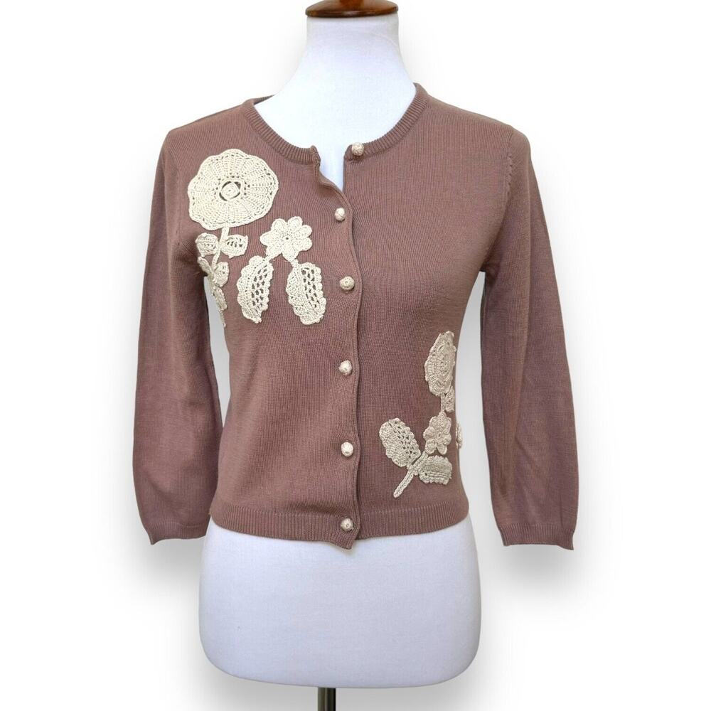 🍀Jones Wear Jeans Womens Cardigan Sweater Mauve Knit Crochet Button runs small